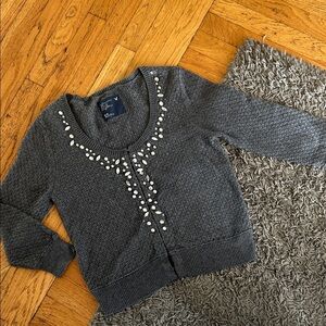 American Eagle Sweater Womens Size M Gray Cardigan Rhinestone Crochet